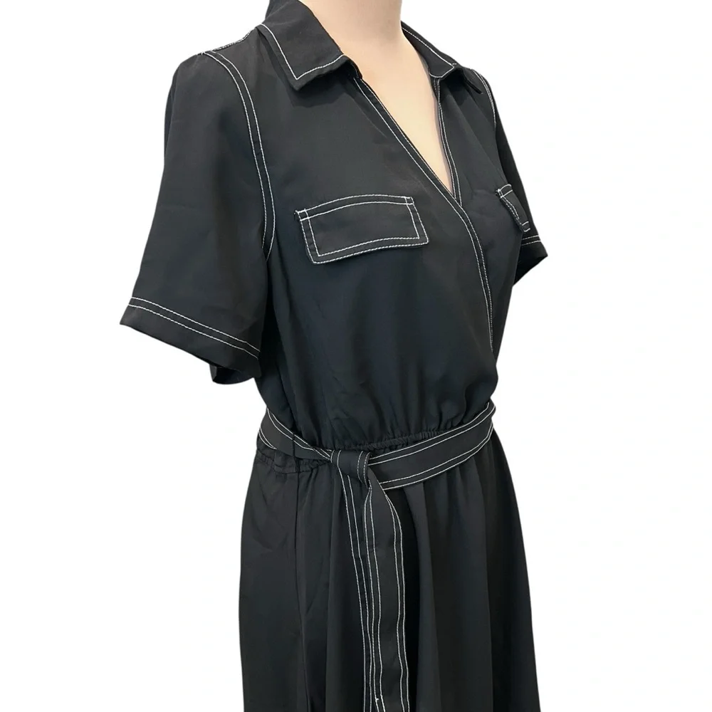 Vince Camuto Belted Faux Wrap Shirt Dress Contrast Stitch Black White M NWT
